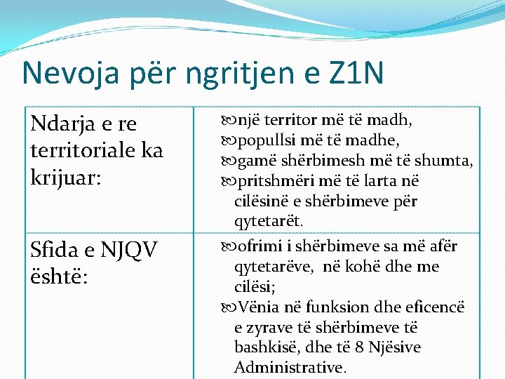 Nevoja për ngritjen e Z 1 N Ndarja e re territoriale ka krijuar: Sfida