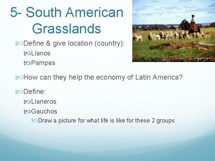 5 - South American Grasslands Define & give location (country): Llanos Pampas How can