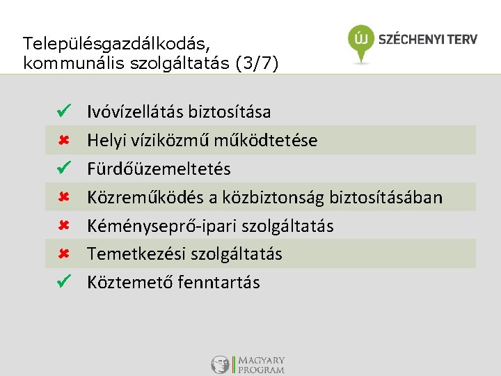 Településgazdálkodás, kommunális szolgáltatás (3/7) Ivóvízellátás biztosítása Helyi víziközmű működtetése Fürdőüzemeltetés Közreműködés a közbiztonság biztosításában