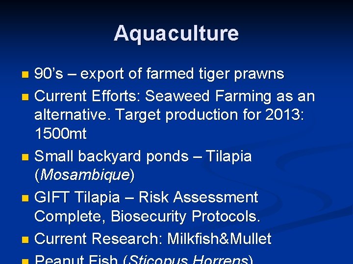 Aquaculture 90’s – export of farmed tiger prawns n Current Efforts: Seaweed Farming as
