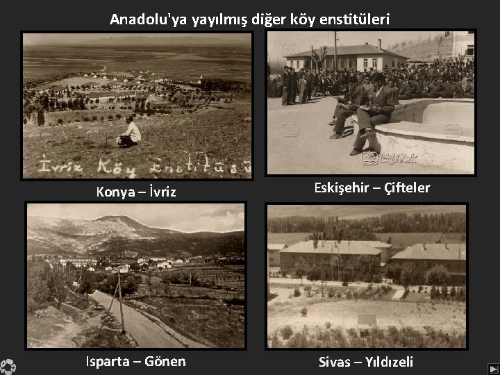 Anadolu'ya yayılmış diğer köy enstitüleri Konya – İvriz Isparta – Gönen Eskişehir – Çifteler