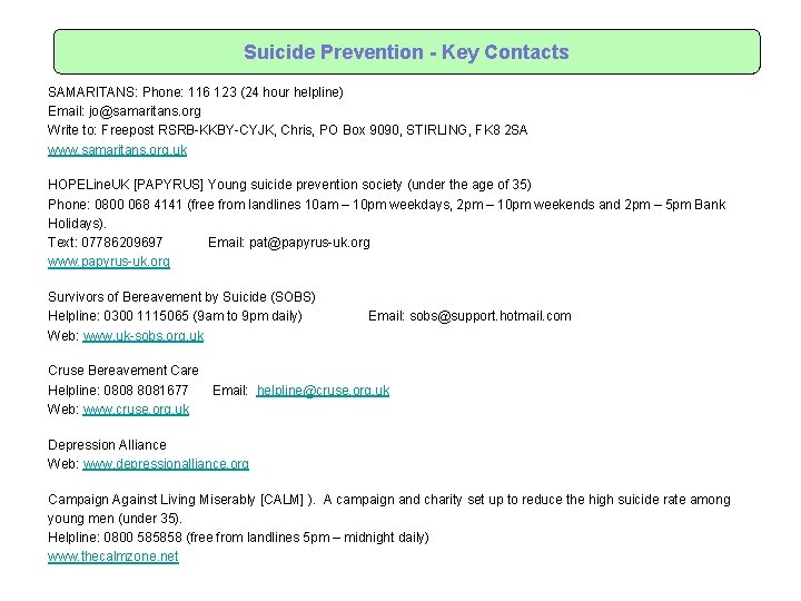 Suicide Prevention - Key Contacts SAMARITANS: Phone: 116 123 (24 hour helpline) Email: jo@samaritans.