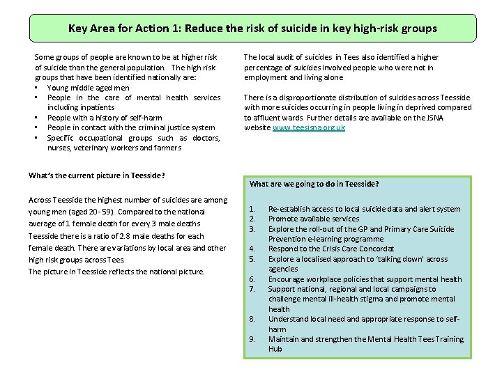 Key Area for Action 1: Reduce the risk of suicide in key high-risk groups