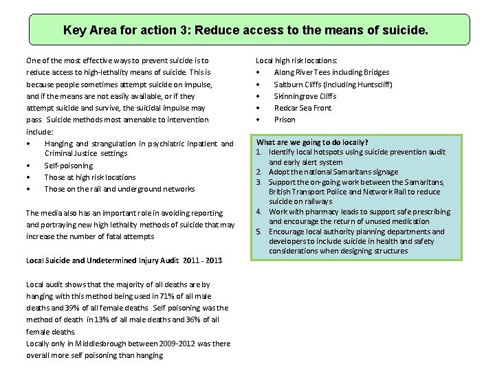 Key Area for action 3: Reduce access to the means of suicide. One of