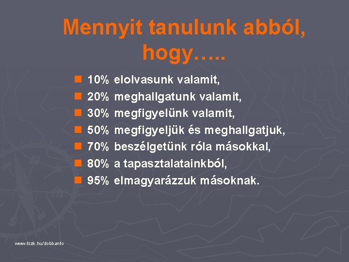 Mennyit tanulunk abból, hogy…. . n n n n www. fszk. hu/dobbanto 10% elolvasunk