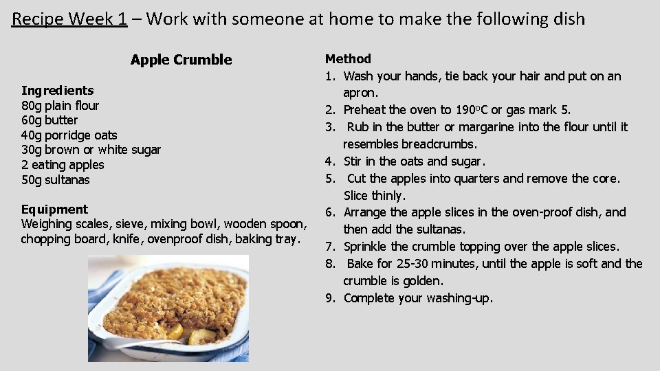 Recipe Week 1 – Work with someone at home to make the following dish