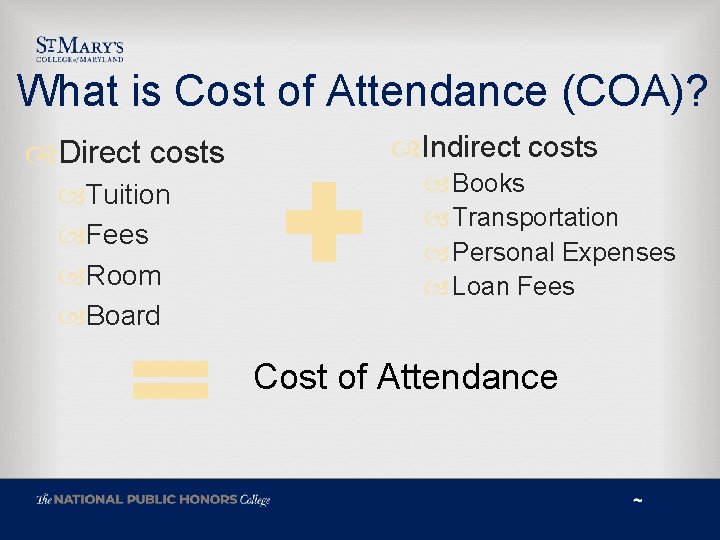 What is Cost of Attendance (COA)? Direct costs Tuition Fees Room Board Indirect costs