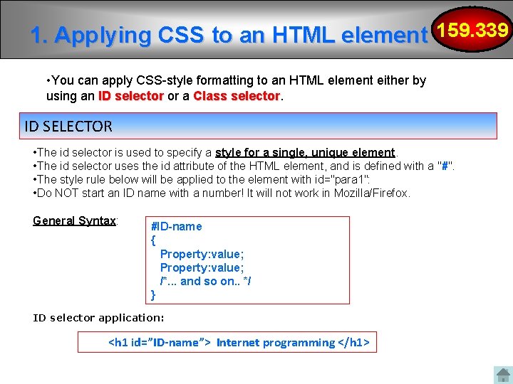 1. Applying CSS to an HTML element 159. 339 • You can apply CSS-style