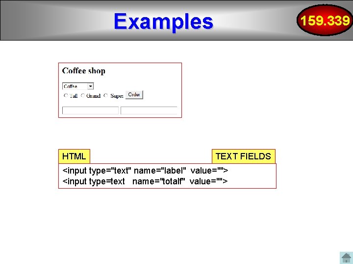 Examples HTML 159. 339 TEXT FIELDS <input type="text" name="label" value=""> <input type=text name="totalf" value="">