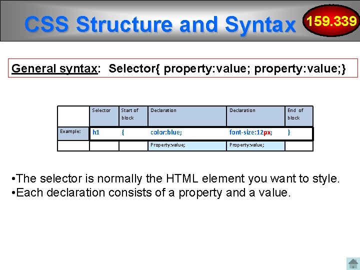 CSS Structure and Syntax 159. 339 General syntax: Selector{ property: value; } Example: Selector