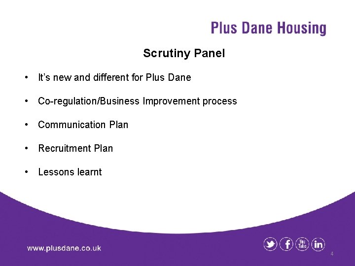 Scrutiny Panel • It’s new and different for Plus Dane • Co-regulation/Business Improvement process