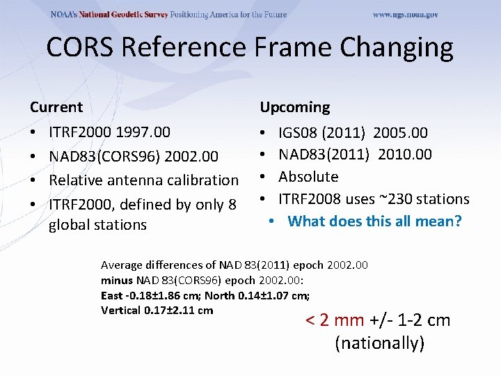CORS Reference Frame Changing Current • • Upcoming ITRF 2000 1997. 00 NAD 83(CORS