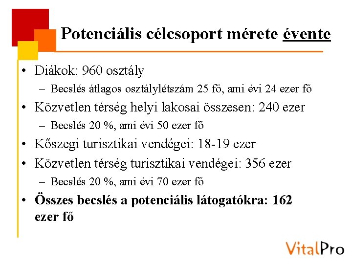 Potenciális célcsoport mérete évente • Diákok: 960 osztály – Becslés átlagos osztálylétszám 25 fő,