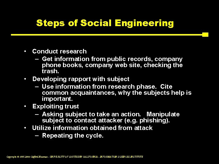 Steps of Social Engineering • Conduct research – Get information from public records, company