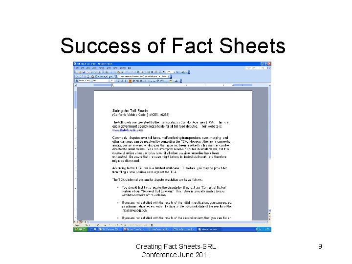 Success of Fact Sheets Creating Fact Sheets-SRL Conference June 2011 9 