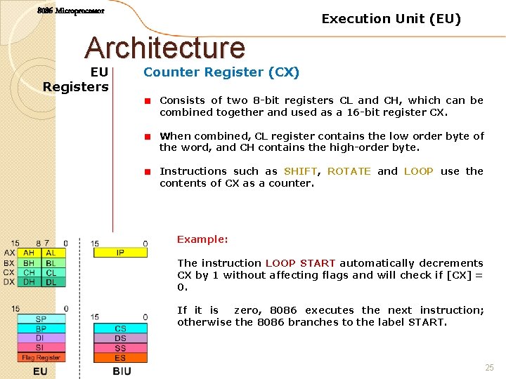 8086 Microprocessor Execution Unit (EU) Architecture EU Registers Counter Register (CX) Consists of two