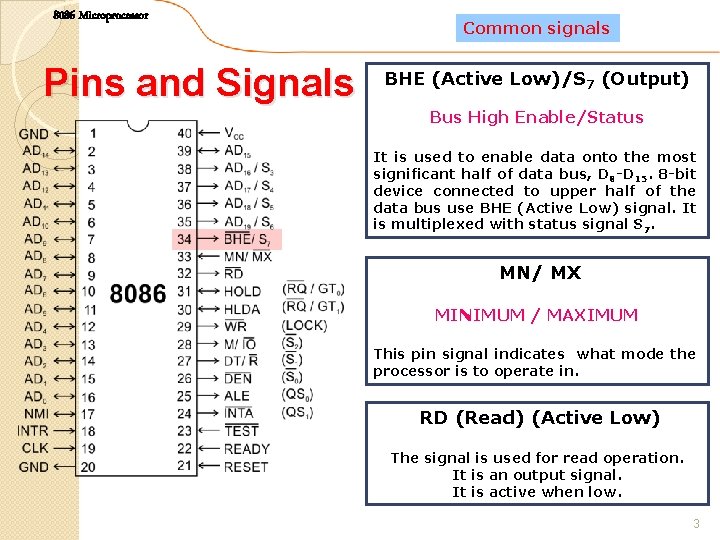 8086 Microprocessor Pins and Signals Common signals BHE (Active Low)/S 7 (Output) Bus High