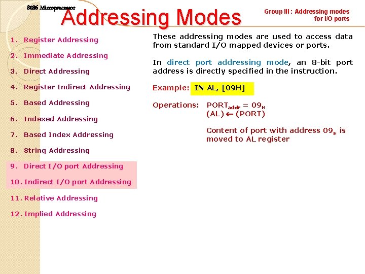 8086 Microprocessor Addressing Modes 1. Register Addressing 2. Immediate Addressing Group III : Addressing