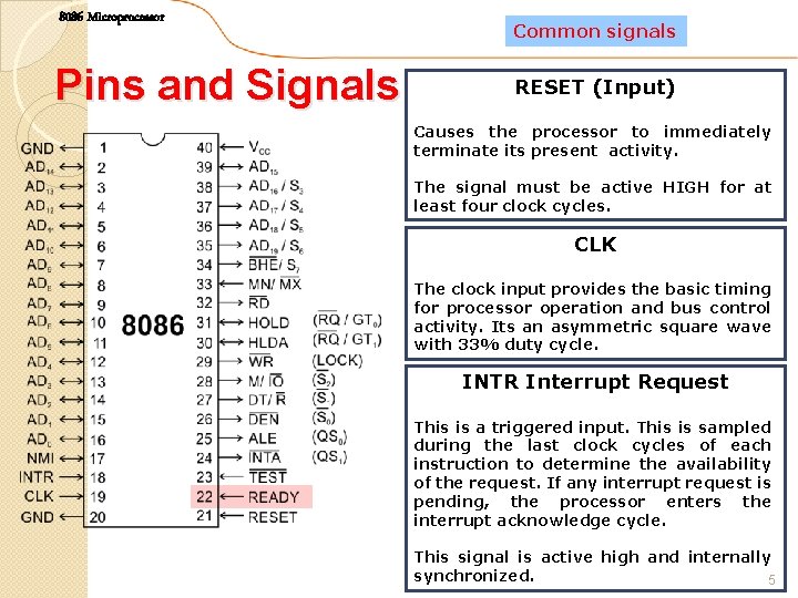 8086 Microprocessor Pins and Signals Common signals RESET (Input) Causes the processor to immediately