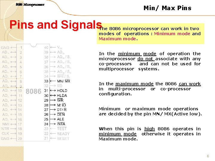 8086 Microprocessor Min/ Max Pins and Signals The 8086 microprocessor can work in two