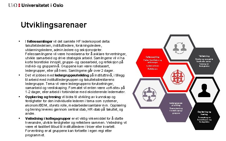 Utviklingsarenaer • • I fellessamlinger vil det samlete HF lederkorpset delta: fakultetsledelsen, instituttledere, forskningsledere,