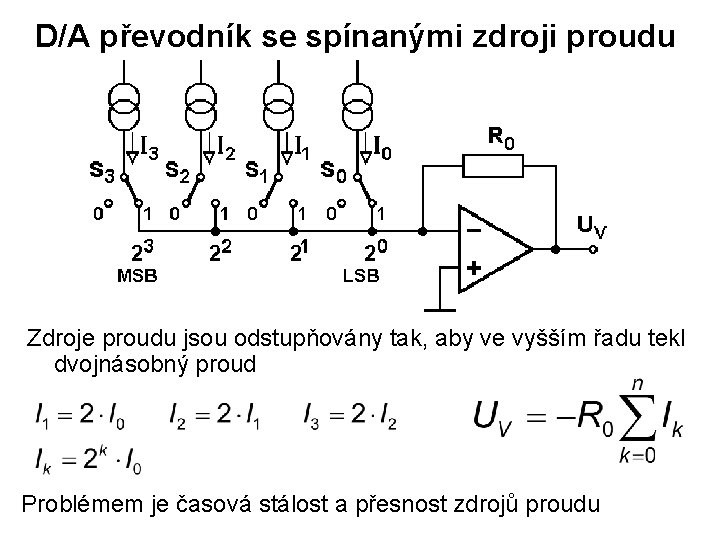 D/A převodník se spínanými zdroji proudu Zdroje proudu jsou odstupňovány tak, aby ve vyšším