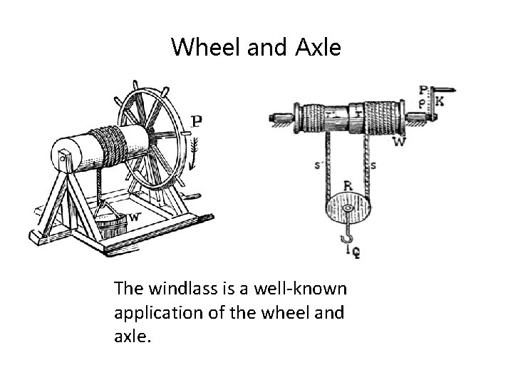 Wheel and Axle The windlass is a well-known application of the wheel and axle.