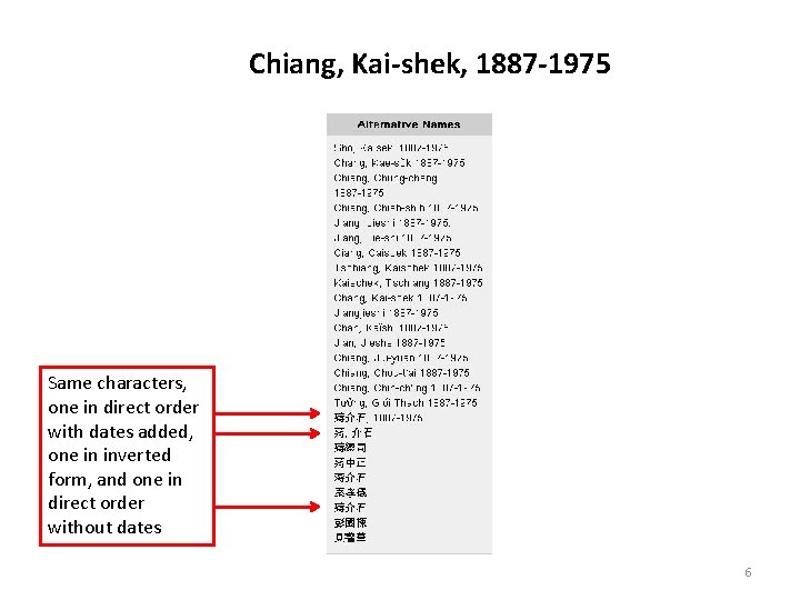 Chiang, Kai-shek, 1887 -1975 Same characters, one in direct order with dates added, one