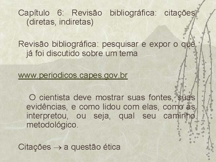 Capítulo 6: Revisão bibliográfica: citações (diretas, indiretas) Revisão bibliográfica: pesquisar e expor o que