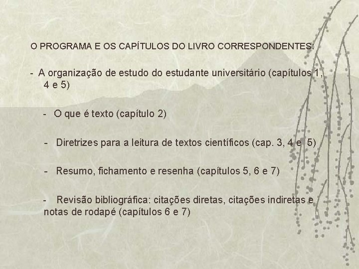 O PROGRAMA E OS CAPÍTULOS DO LIVRO CORRESPONDENTES: - A organização de estudo do