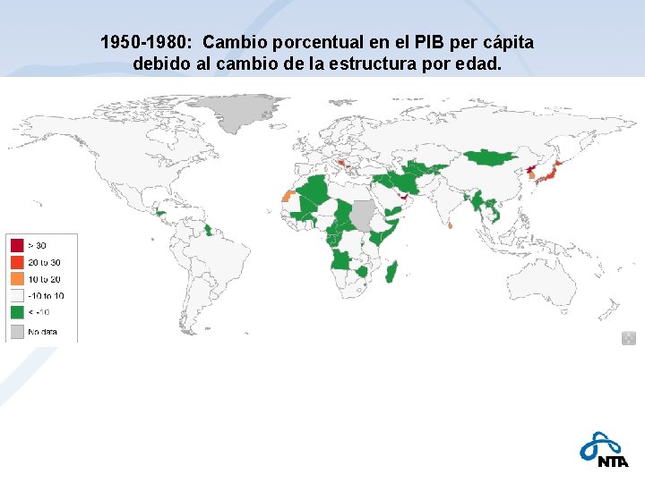 1950 -1980: Cambio porcentual en el PIB per cápita debido al cambio de la