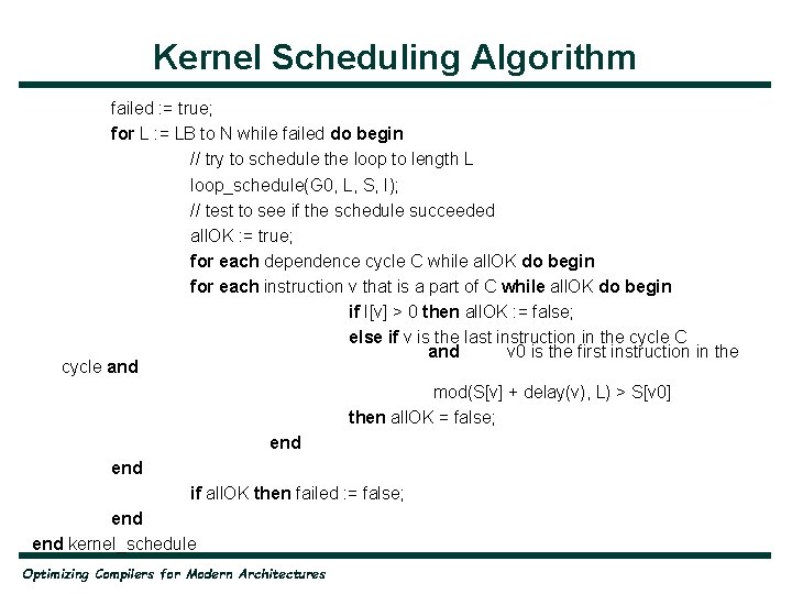 Kernel Scheduling Algorithm failed : = true; for L : = LB to N
