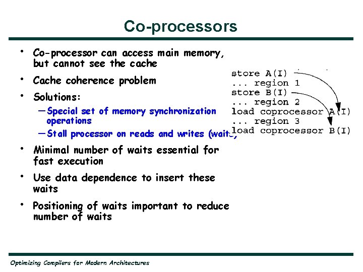 Co-processors • • • Co-processor can access main memory, but cannot see the cache