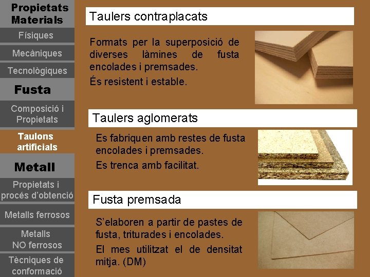 Propietats Materials Físiques Mecàniques Tecnològiques Fusta Composició i Propietats Taulons artificials Metall Propietats i