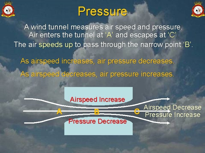 Pressure A wind tunnel measures air speed and pressure. Air enters the tunnel at