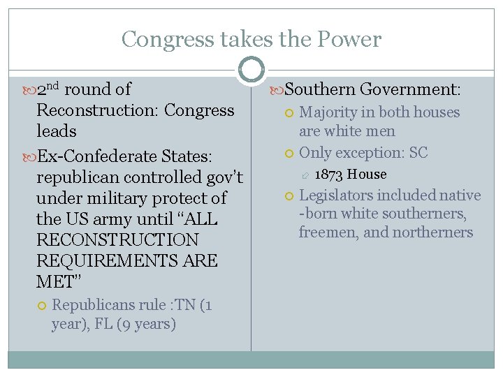 Congress takes the Power 2 nd round of Reconstruction: Congress leads Ex-Confederate States: republican