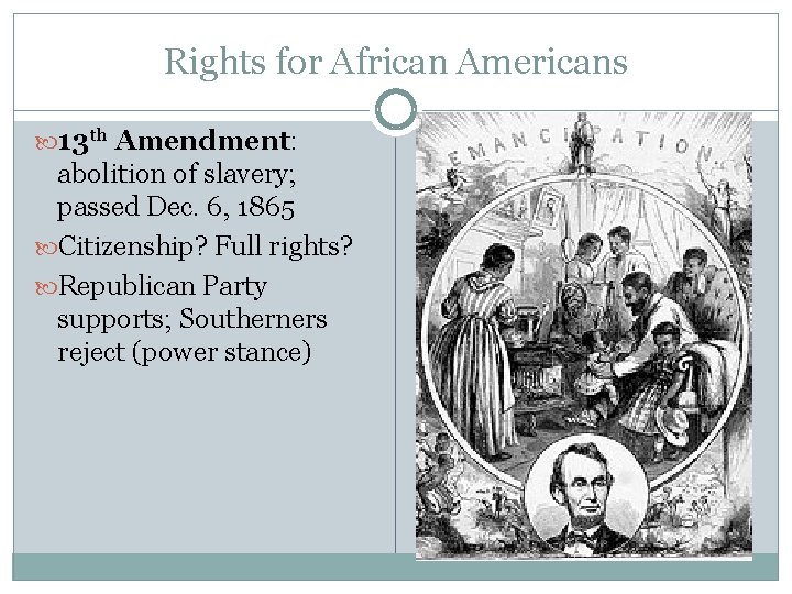 Rights for African Americans 13 th Amendment: abolition of slavery; passed Dec. 6, 1865