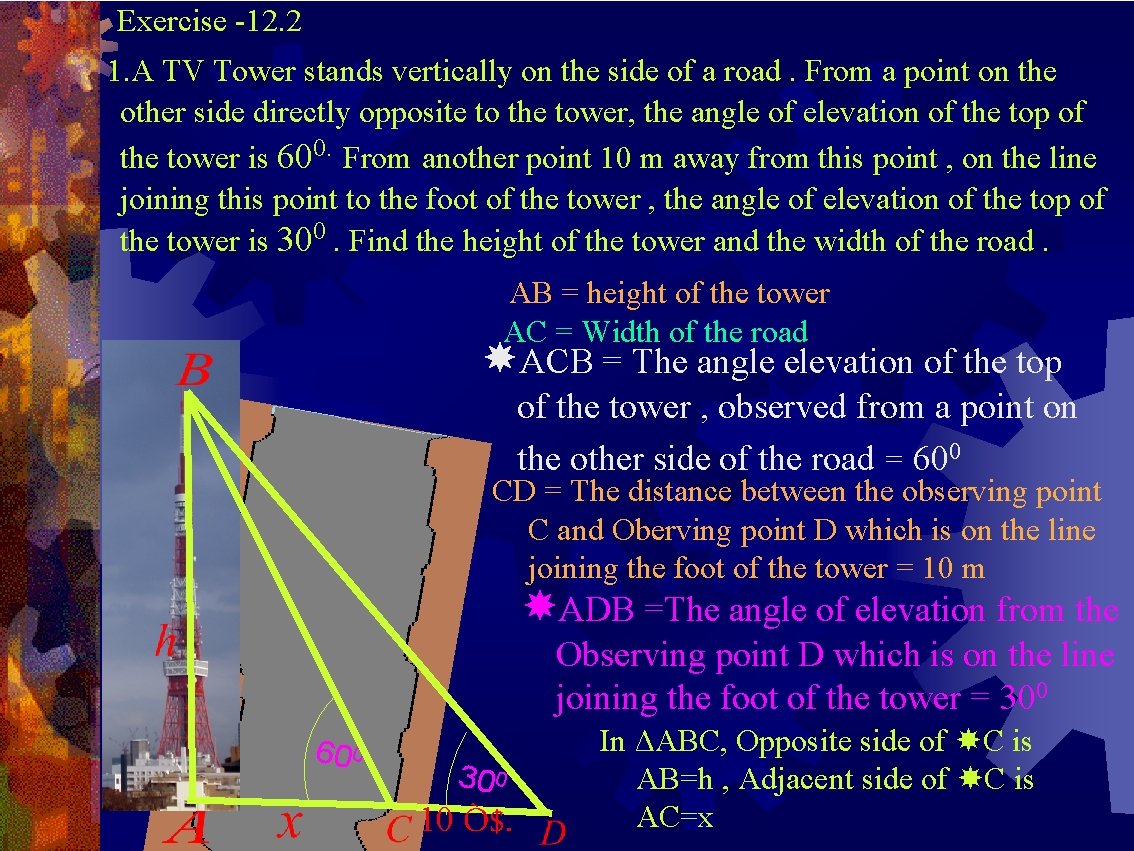 Exercise -12. 2 1. A TV Tower stands vertically on the side of a