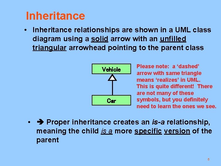 Inheritance • Inheritance relationships are shown in a UML class diagram using a solid