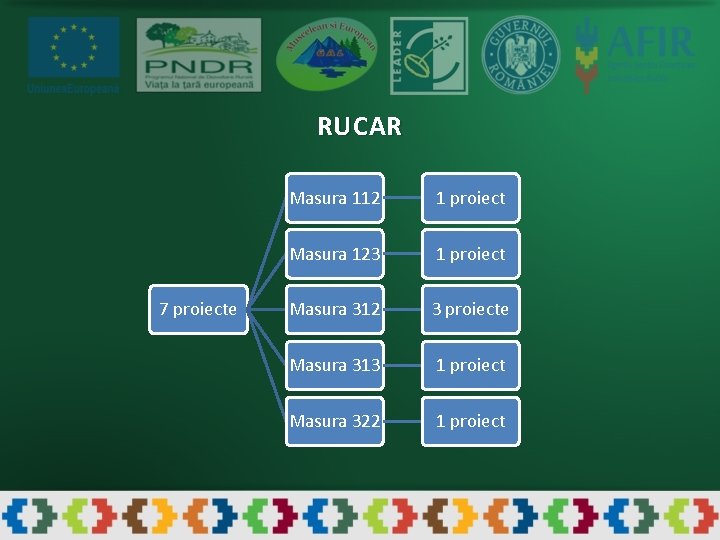 RUCAR 7 proiecte Masura 112 1 proiect Masura 123 1 proiect Masura 312 3