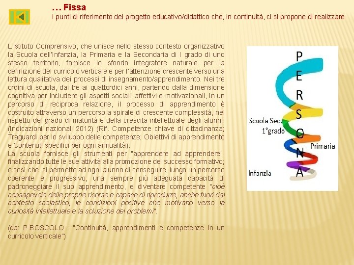 … Fissa i punti di riferimento del progetto educativo/didattico che, in continuità, ci si