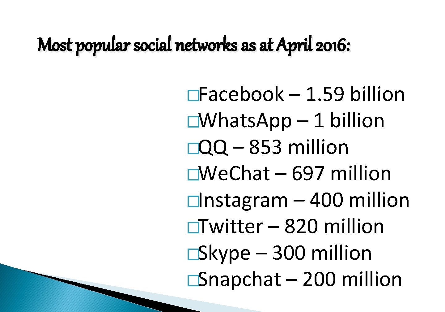 Most popular social networks as at April 2016: �Facebook – 1. 59 billion �Whats.