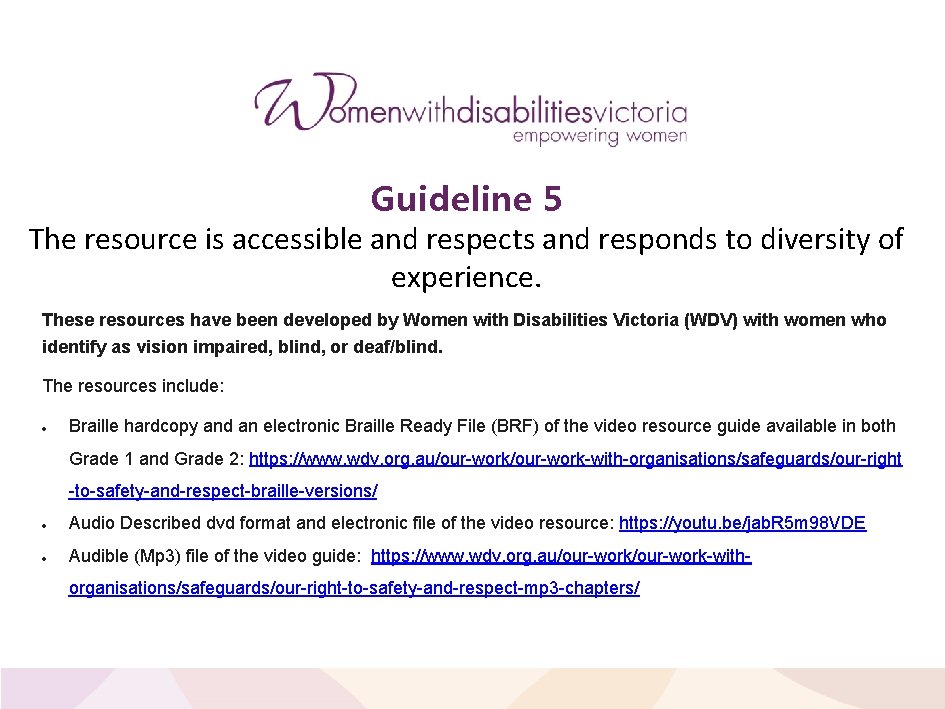 Guideline 5 The resource is accessible and respects and responds to diversity of experience.