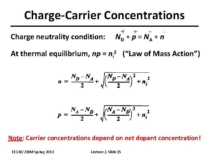 Charge-Carrier Concentrations Charge neutrality condition: ND + p = NA + n At thermal