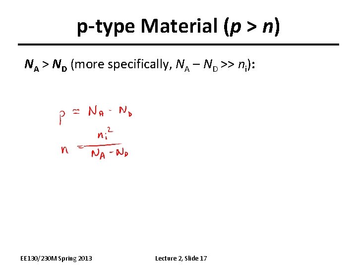p-type Material (p > n) NA > ND (more specifically, NA – ND >>