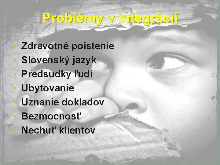 Problémy v integrácií • • Zdravotné poistenie Slovenský jazyk Predsudky ľudí Ubytovanie Uznanie dokladov