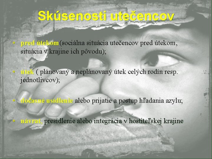 Skúsenosti utečencov • pred útekom(sociálna situácia utečencov pred útekom, útekom situácia v krajine ich