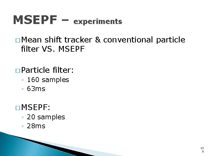 MSEPF – experiments � Mean shift tracker & conventional particle filter VS. MSEPF �