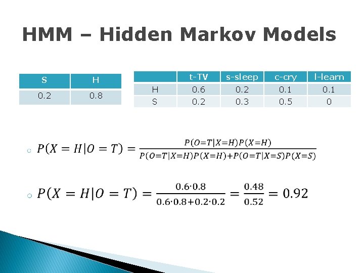 HMM – Hidden Markov Models S H 0. 2 0. 8 t-TV s-sleep c-cry