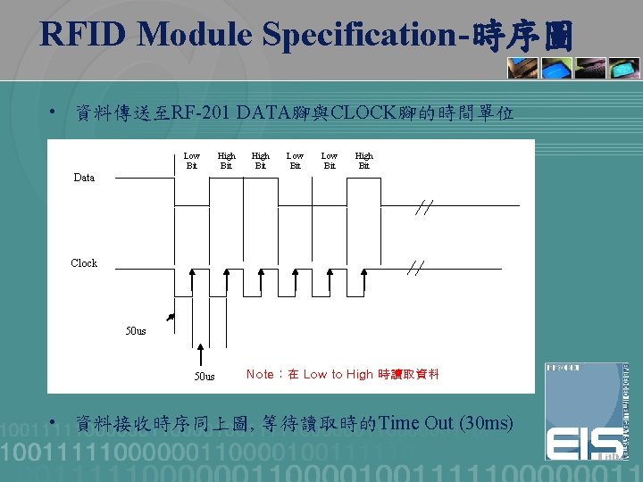 RFID Module Specification-時序圖 • 資料傳送至RF-201 DATA腳與CLOCK腳的時間單位 Low Bit High Bit Data Clock 50 us